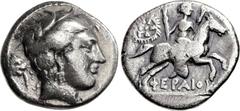 THESSALY, Pherai. Early 3rd century BC. AR Drachm (19mm, 4.78 g, 6h). Head of the nymph Hypereia r., wearing triple-pendant earring and wreath of grain leaves; behind, fountain spout in the form of a 