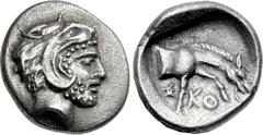 THESSALY, Skotussa. Early 4th century BC. AR Obol (10mm, 0.98 g, 7h). Head of Herakles r. wearing lion’s skin headdress / Σ-KO below, forepart of bridled horse walking r., being led by its rein, all i