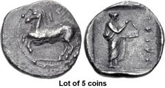 Lot of 5 coins. (778.1) THESSALY, Trikka. 2nd half of the 5th century BC. AR Obol (11mm, 0.88 g, 6h). Free horse prancing l., above, IΣ; border of dots / TPIKA ( sic ) r. down, the nymph Trikke standi