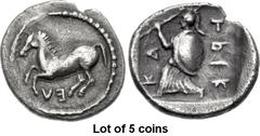 Lot of 5 coins. (779.1) THESSALY, Trikka. 2nd half of the 5th century BC. AR Obol (11.5mm, 082 g, 10h). Free horse prancing l., below, VE, the E retrograde; border of dots / T-PIK-KA from above r., do
