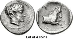 Lot of 4 coins. (780.1) THESSALY, Trikka. 2nd half of the 5th century BC. AR Hemiobol (9mm, 0.42 g, 4h). Youthful male head r., border of dots / T-P above, K-I below, the K retrograde, forepart of hor