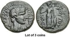Lot of 3 coins. (921.1) THESSALY, Koinon of Thessaly. Tiberius. AD 14-37. Æ Diassarion (21mm, 8.76 g, 1h). Lykoutos, strategos. [ΣEB]AΣTHΩN ΘEΣΣAΛ[ΩN], laureate head right / [ΣTPATHΓOY] ΛYKOYTOY, Athe