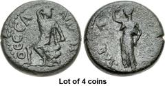 Lot of 4 coins. (950.1) THESSALY, Koinon of Thessaly. temp. Domitian. AD 81-96. Æ Dissarion(?) (16mm, 5.00 g, 12h). ΘECCA-ΛѠN, Apollo seated left, raising right arm over his head / ΛAP[IC]A, the nymph