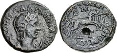 THESSALY, Koinon of Thessaly. Salonina. Augusta, AD 254-268. Æ Triassarion (21mm, 5.95 g, 6h). KOPN CAΛΩNINA AVΓ, draped bust right, wearing stephanos, set on crescent / ΘЄCCAΛΩ/N KOINON, Nike, holdin