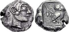 ATTICA, Athens. Circa 500/490-485/0 BC. AR Tetradrachm (21mm, 16.75 g, 11h). Head of Athena right, wearing earring and crested Attic helmet decorated with visor and spiral on the bowl / Owl standing r