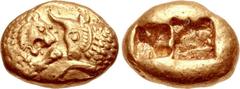 KINGS of LYDIA. Kroisos. Circa 560-546 BC. AV Stater (17mm, 10.77 g). Heavy standard. Sardes mint. Prototype issue, circa 550 BC. Confronted foreparts of lion, with sun on forehead, and bull / Two inc