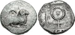 CYPRUS, Salamis. Uncertain kings. Circa 445-411 BC. AR Stater (23mm, 10.87 g, 5h). Ram recumbent right; pellet-in-crescent above, “Euelthon” in Cypriot around / Large ornate ankh enclosing Cypriot let