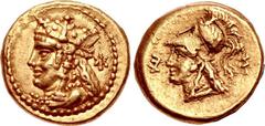 CYPRUS, Salamis. Nikokles. Circa 374-361 BC. AV Third Stater (11mm, 2.75 g, 1h). Draped bust of Aphrodite left, wearing ornamented stephanos, earring, and necklace; Cypriot a to right / Head of Athena