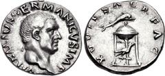 Vitellius. AD 69. AR Denarius (19mm, 3.24 g, 6h). Rome mint. VITELLIVS GERMΛNICVS IMP, bare head right / XV VIR SACR FΛC, tripod-lebes surmounted by dolphin right; below, raven standing right. RIC I 7