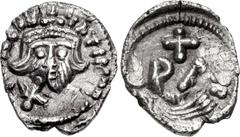 Constans II. 641-668. AR Third Siliqua (10mm, 0.49 g, 1h). Carthage mint. Struck 652-657. ∂ N CONS τAτINЧS PP, crowned and draped facing bust, wearing short beard and [holding globus cruciger] / P A/[