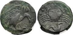 Greek SICILY, Akragas. Circa 415-406 BC. Æ Hemilitron – Hexonkion (25mm, 13.05 g, 12h). Eagle, wings spread, standing right on, and tearing at, dead hare / Crab; below, hippocamp right; six pellets (m