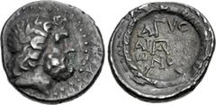 Greek ACHAIA, Patrai. Circa 31 BC. AR Triobol – Hemidrachm (15mm, 2.42 g, 12h). Agys, son of Aischrion, magistrate. Laureate head of Zeus right / AΓVC/AI-CXPI/ωNOC in three lines around ΠA monogram; a