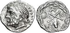 Greek ACHAIA, Achaian League. Kleitor. Circa 160-146 BC. AR Triobol – Hemidrachm (16mm, 2.11 g, 5h). Laureate head of Zeus left / Achaian League monogram; monogram above, A to left, M to right; below,