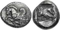 Greek DYNASTS of LYCIA. Uncertain dynast. Circa 480 BC. AR Stater (20mm, 9.30 g, 3h). Uncertain mint. Pegasos flying left / Forepart of a bull left in pellets-in-linear-square frame within incuse squa