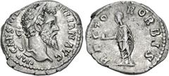 Roman Imperial Didius Julianus. AD 193. AR Denarius (17.5mm, 2.98 g, 6h). Rome mint. Laureate head right / Didius Julianus standing left, holding globe and volumen. RIC IV 3; RSC 15. Toned, trace depo