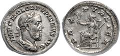 Roman Imperial Pupienus. AD 238. AR Denarius (19mm, 5h). Rome mint. 1st emission. Laureate, draped, and cuirassed bust right / Pax seated left, holding olive branch and transverse scepter. RIC IV 4; B