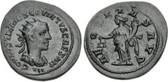 Roman Imperial Hostilian. As Caesar, AD 250-251. AR Antoninianus (22mm, 4.36 g, 12h). Antioch mint. Struck under Trajan Decius, AD 251. Radiate and draped bust right; VII below bust / Aequitas standin