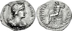 Civil War. AD 68-69. AR Denarius (18mm, 2.85 g, 6h). Uncertain mint in Gaul. Helmeted and draped bust of Roma right, wearing mural crown; ROMA to right / IVPPITER CVSTOS, Jupiter seated left on throne