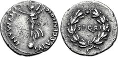 Civil War. AD 68-69. AR Denarius (17mm, 3.33 g, 12h). Uncertain mint in Gaul. SALVS GENERIS HVMANI, Victory standing left on globe, holding wreath in right hand and palm frond in left / S P Q R within