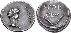Civil War. AD 68-69. AR Denarius (17mm, 3.93 g, 5h). Uncertain mint in Spain or Gaul. CAESAR [A]VGVSTVS, bare head of Augustus right / S · P · Q · R/ CL · V in two lines; two palm fronds below; all se