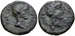 AEOLIS, Temnus. Gaius Asinius Gallus. Proconsul of Asia, 6-5 BC. Æ (18mm, 4.57 g, 12h). Apollas, son of Phainios, magistrate. Struck 5 BC. Bare head of Asinius Gallus right / Head of Dionysus right, w