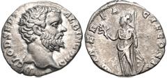 Clodius Albinus. As Caesar, AD 193-195. AR Denarius (17mm, 2.66 g, 6h). Rome mint. Struck AD 194-195. Bare head right / Minerva standing left, holding olive branch, spear, and shield set on ground. RI