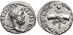 Clodius Albinus. AD 195-197. AR Denarius (16mm, 2.33 g, 12h). Lugdunum (Lyon) mint. Laureate head right / Clasped hands holding aquila. RIC IV 20b; Lyon 23 (D48/R48); RSC 24. Good VF, two very small g