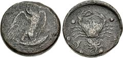 Greek SICILY, Akragas. Circa 415-406 BC. Æ Hemilitron – Hexonkion (28mm, 24.14 g, 7h). Eagle standing right, head raised, wings spread, on fish / Crab holding serpent in claw; conch shell and octopus 