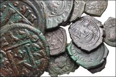 BYZANTINE. Lot of thirteen (13) bronzes, mostly of Justinian I. Includes: Æ Follis (2) // Æ Half Follis (2) // Æ 15 Nummi (3) // Æ Pentanummium // Æ 8 Nummi (3) // Æ 4 Nummi. Lot also includes a folli