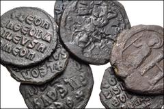 BYZANTINE. Lot of eight (8) Æ Folles from Justin II to Constantine X. Includes: Justin II, with Sophia. Æ 8 Pentanummia - Follis. Cherson mint. SB - //Theophilus. Æ Follis. SB 1685 // Basil I the Mace