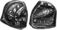 Greek ATTICA, Athens. Circa 465/2-454 BC. AR Diobol (8mm, 1.13 g, 11h). Helmeted head of Athena right, with frontal eye / Owl standing right, head facing, spread tail feathers; olive spray to left; [a