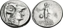 Greek PAMPHYLIA, Side. Circa 205-100 BC. AR Tetradrachm (31mm, 16.83 g, 12h). Chry–, magistrate. Helmeted head of Athena right; c/m: bow-in-bowcase, AΠA to left, all within incuse circle / Nike advanc