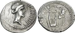 Roman Republican The Republicans. Brutus. Spring-early summer 42 BC. AR Denarius (19mm, 3.79 g, 6h). Military mint traveling with Brutus in Lycia. Head of Libertas right / Lyre; quiver to left, laurel
