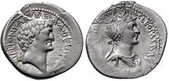 The Triumvirs. Mark Antony and Cleopatra. Autumn 34 BC. AR Denarius (20mm, 3.30 g, 1h). Alexandria mint. Bare head of Mark Antony right; behind, three-pointed Armenian tiara right / Diademed and drape