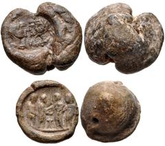 Circa mid 290s AD. Lot of two (2) PB Seals. 1. (19mm, 3.32g). Four tetrarchs, two on either side, each apparently laureate and draped 2. (15mm, 8.55g). Four tetrarchs sacrificing over central tripod. 
