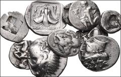 GREEK. Miscellaneous. Lot of ten (10) silver coins from Thasos to Rhodes. Includes: ISLANDS off Thrace, Thasos. AR Trihemiobol (2) // THRACO-MACEDONIAN TRIBES, Mygdones or Krestones. AR Diobol // MAC