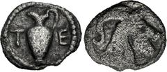 Greek MACEDON, Terone. Circa 400-348 BC. AR Hemiobol (9mm, 0.27 g, 1h). Oinochoe / Head of goat right. Cf. Hardwick 19 (tritemorion); cf. HGC 3, 699 (same). Toned, granular surfaces. VF. Unpublished a