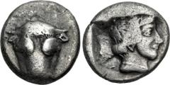 Greek PHOKIS, Federal Coinage. Circa 445-420 BC. AR Triobol (12mm, 2.58 g, 4h). Facing head of bull / Head of Artemis right within incuse square. Williams 248 (O174/R144); BCD Lokris 256 (same dies); 