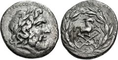 Greek ACHAIA, Achaian League. Aigiera. Circa 160-146 BC. AR Triobol – Hemidrachm (15mm, 2.37 g, 12h). Laureate head of Zeus right / Achaian League monogram; above, forepart of goat right; Γ-Λ/Α-Υ in t