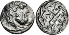 Greek ACHAIA, Achaian League. Pallantion. Early 1st century BC. AR Triobol – Hemidrachm (15mm, 2.31 g, 12h). Laureate head of Zeus right / Achaian League monogram; A above, Π to left, Λ to right, two 