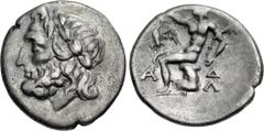 Greek ARKADIA, Arkadian League. Circa 175-168 BC. AR Triobol (16mm, 2.30 g, 2h). Megalopolis mint. Laureate head of Zeus left / Pan seated left on rock, holding lagobolon; to left, eagle above monogra
