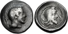 Greek LYCIA, Tlos. Circa 400-380 BC. AR Twelfth Stater – Obol (9mm, 0.61 g, 6h). Helmeted head of Athena right / Bearded head right, wearing kyrbasia; symbol to right; all in dotted circle within incu