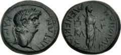 Roman Provincial LYDIA, Maeonia. Nero. AD 54-68. Æ (18mm, 4.40 g, 12h). Tiberius Claudius Menekrates, strategos. Struck circa AD 65. Laureate head right / Veiled goddess standing right, holding scepte