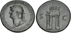 Roman Imperial Nero. AD 54-68. Æ Sestertius (34.5mm, 23.94 g, 6h). Rome mint. Struck circa AD 64. Laureate head left / Triumphal arch, showing the front, with a wreath hung across it, surmounted by th