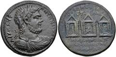 IONIA, Smyrna. Caracalla. AD 198-217. Æ (34mm, 25.16 g, 6h). Struck AD 212-217. Laureate, draped, and cuirassed bust right / Three tetrastyle temples: the left temple with a statue of Hadrian within; 