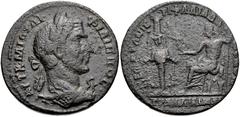 LYDIA, Tralles. Philip I. AD 244-249. Æ (36mm, 26.09 g, 12h). Flavius Diadumenus, magistrate. Laureate bust right, wearing aegis / ЄΠI [ΓP?] TΩN (ΠЄ)-PI ΦΛ ΔIAΔ-OVMЄN TPAΛΛIANΩN, Zeus Nicephorus seate