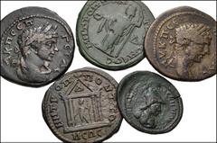 ROMAN. Provincial. Lot of five (5) bronzes of Geta, mostly from Tomis. Includes: Æ Tetrassarion. Laureate, draped, and cuirassed bust right / Eagle standing on altar, with wings spread and head left, 