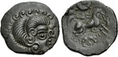 Celtic GAUL, Northwest. Coriosolites. Circa 100-50 BC. BI Stater (23mm, 6.70 g, 9h). 'au nez en epsilon' type. Celtic head right, hair in large spiral curls, S-like ear and ε-like nose / Celticized ri