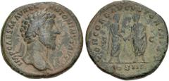 Roman Imperial Marcus Aurelius. AD 161-180. Æ Sestertius (32mm, 21.50 g, 11h). Rome mint. Struck under Marcus Aurelius and Lucius Verus, AD 161. Laureate head right / Marcus Aurelius and Lucius Verus 