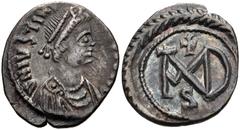 Justinian I. 527-565. AR Half Siliqua (13mm, 1.21 g, 4h). Carthage mint. Struck 537-552. Pearl-diademed, draped, and cuirassed bust right / Monogram; cross above, ς below. DOC -; MIBE 53; SB 254 (sili